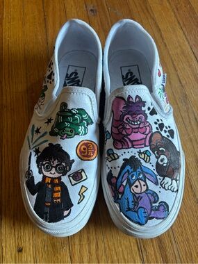 Vans White Slip-On Sneakers with Hand-Painted Harry Potter & Disney Characters